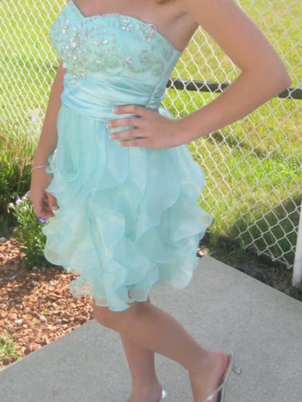 Strapless Beaded Ruffle Cocktail Dress in Light Aqua